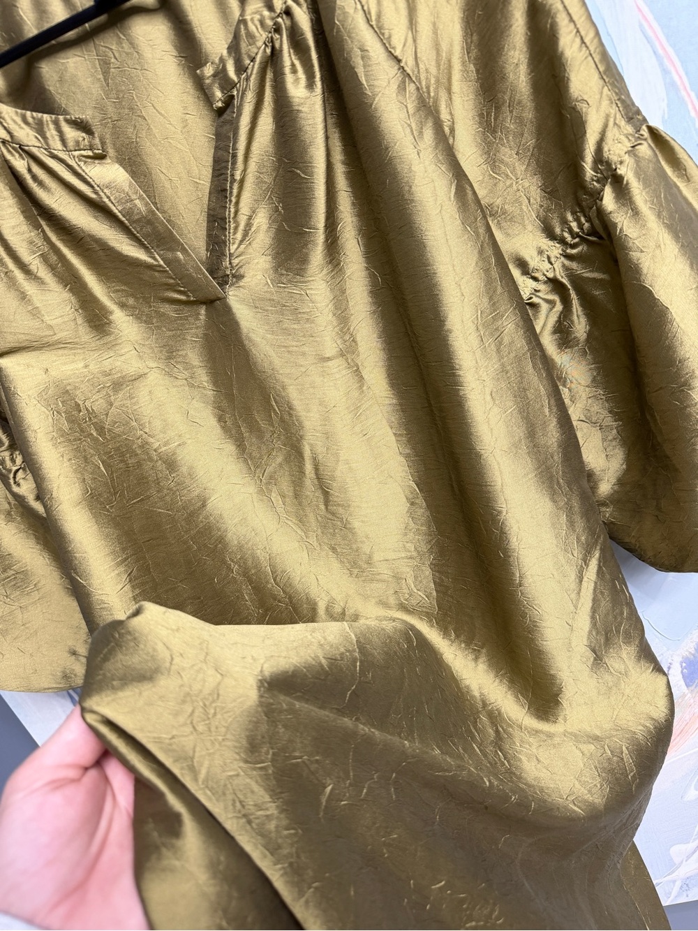 79% Silk! Talbots Shift Dress Small Olive Gold Balloon Sleeve Split Neck Dress - Picture 6 of 14